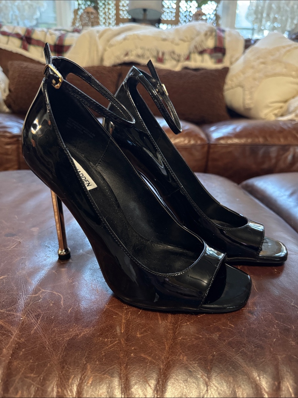 Steve Madden Black Patent Peep-Toe Ankle-Strap Stiletto Pumps